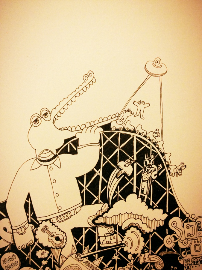 Alligator-climbing-a-roller-coaster-while-a-ufo-is-beaming-passengers