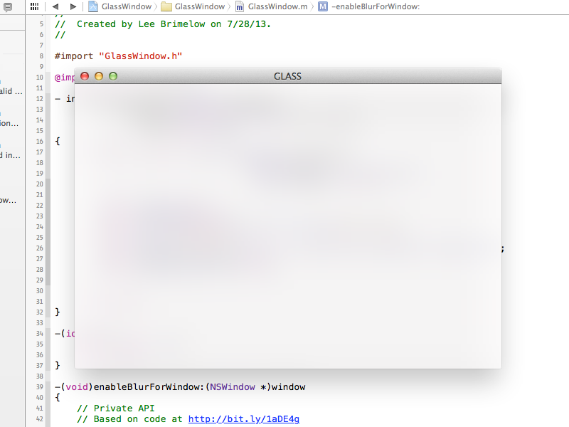 GitHub brimelow/CocoaGlassWindow Use of private Cocoa APIs to